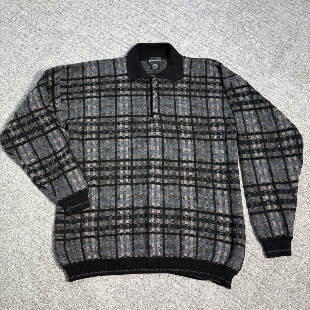 Conte di Milano Sweater Mens XLT Black Gray Tan Pullover Polo Wool Sweatshirt
